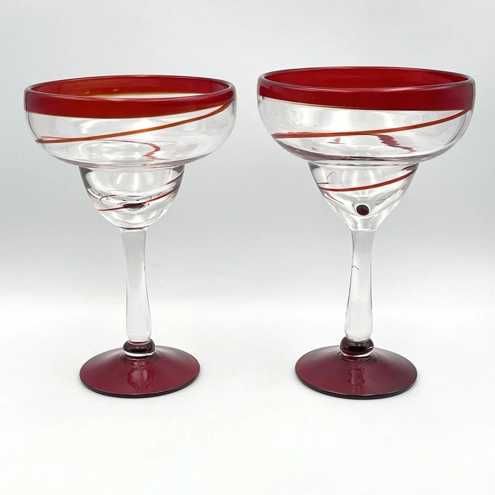Pair Hand Blown Red Swirl Margarita Glasses 8